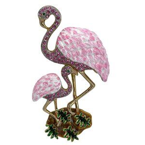 Tropical Pink Rhinestone Crystal Flamingo Mother Baby Chick Enamel Brooch Pin